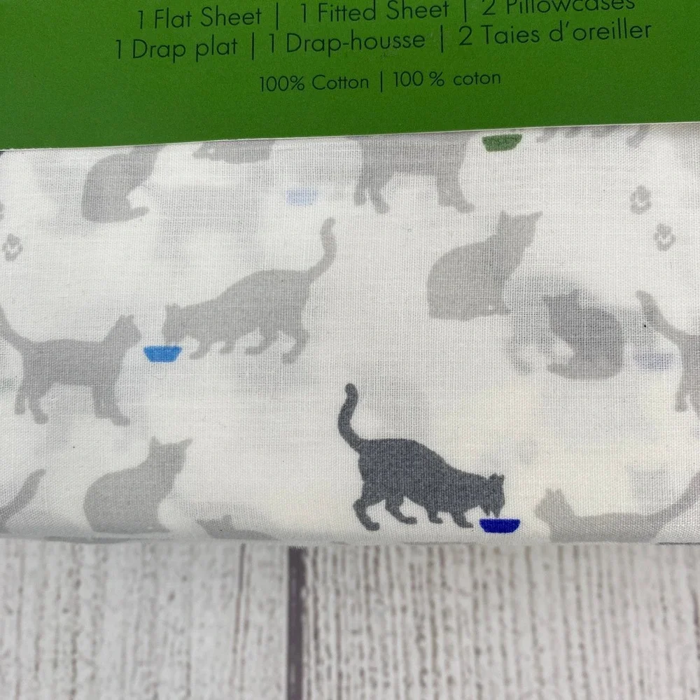Kate Spade Sheet Set Full Grey White Cat Print 100% Cotton Animal Feline Pet